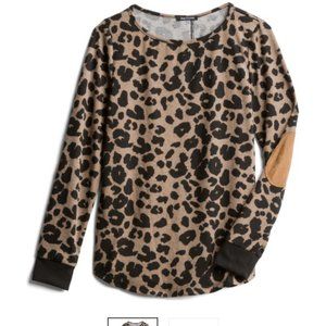 Pink Clover Leopard Top, elbow patch, button back